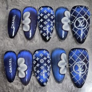 Blue Designer Inspired Logo Press-On Nail Set